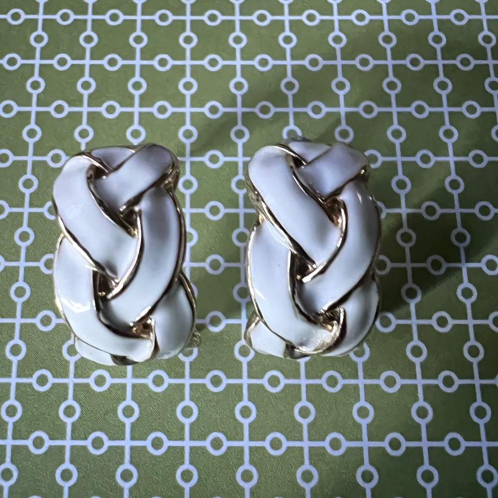 Vintage White Enamel Braided Silver Tone Earrings - Picture 2 of 6